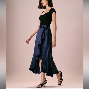 Navy ruffle  Satin Midi to Maxi Skirt